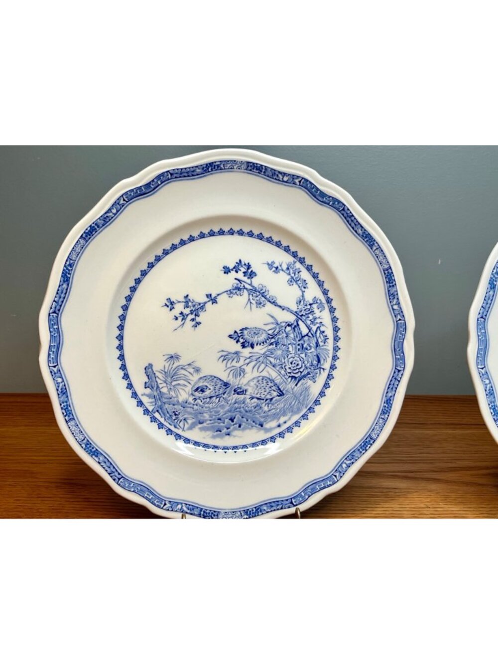 Set of 2 Antique FURNIVALS 1913 Blue Quail 10 1/4" Dinner Plates Round Backstamp - Picture 8 of 16